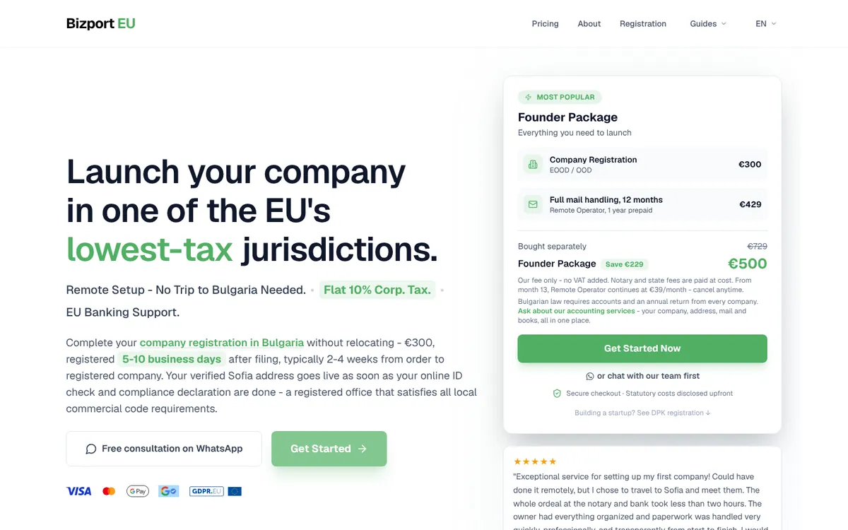 Bizport EU homepage: company registration in Bulgaria with the Founder Package price box
